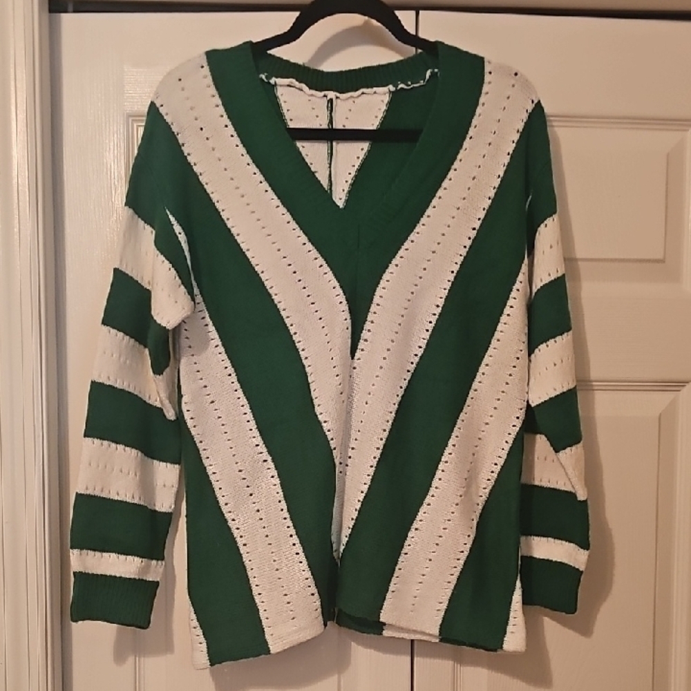 Vibrant Green and White V-Neck Sweater